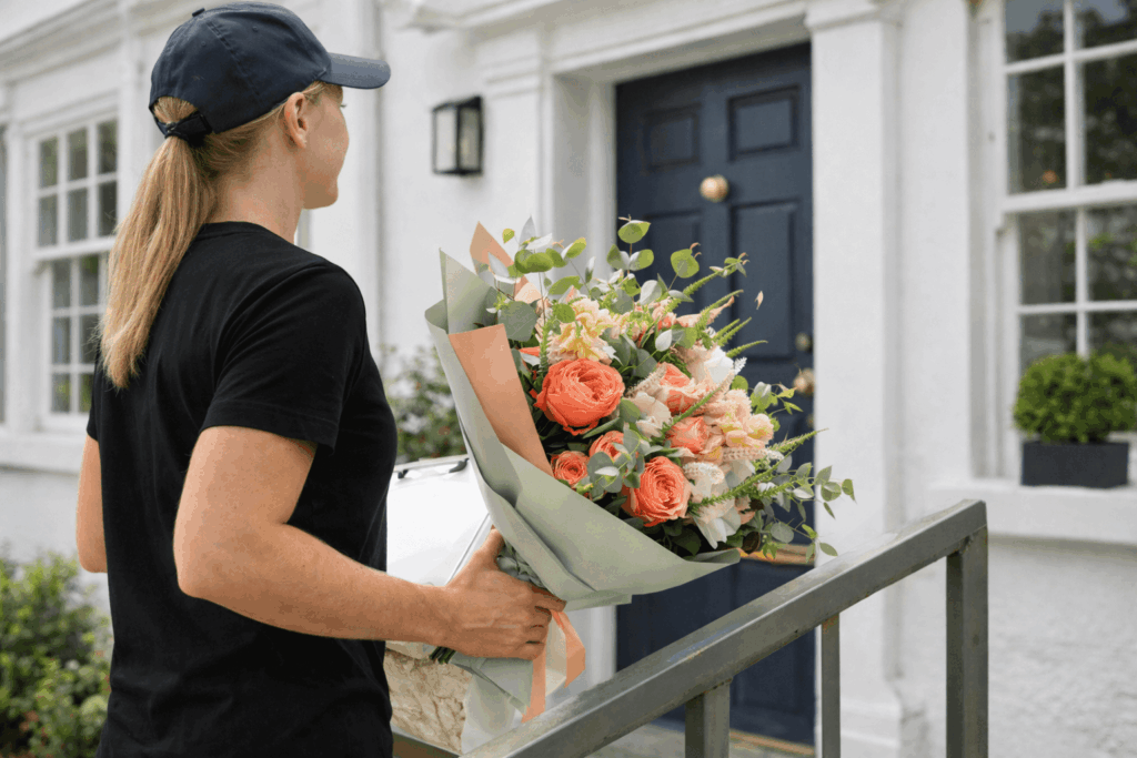 Delivering A Bouquet To A Blue Door