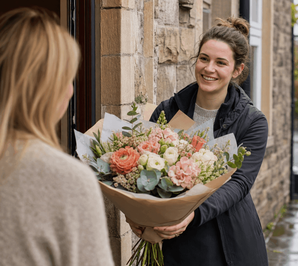 Local florist delivering a fresh hand-tied bouquet to a home in Bathgate