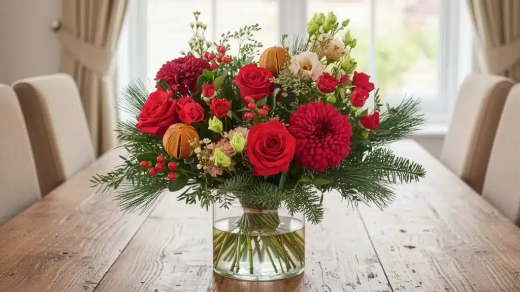 Christmas flower arrangement of red flowers, berries, and seasonal foliage in a glass vase sat on top of a wooden dining table