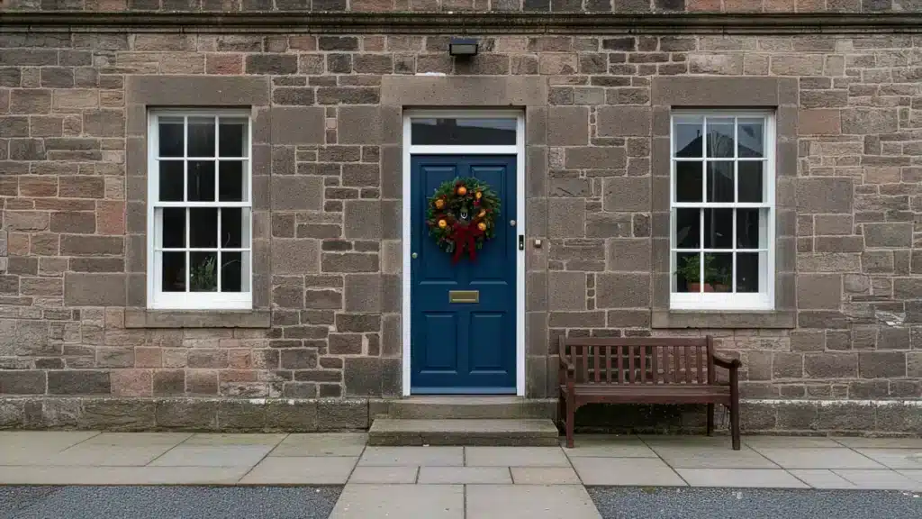 Stone building with dark blue front door adorned with a Christmas wreath in shades of green, red, and orange