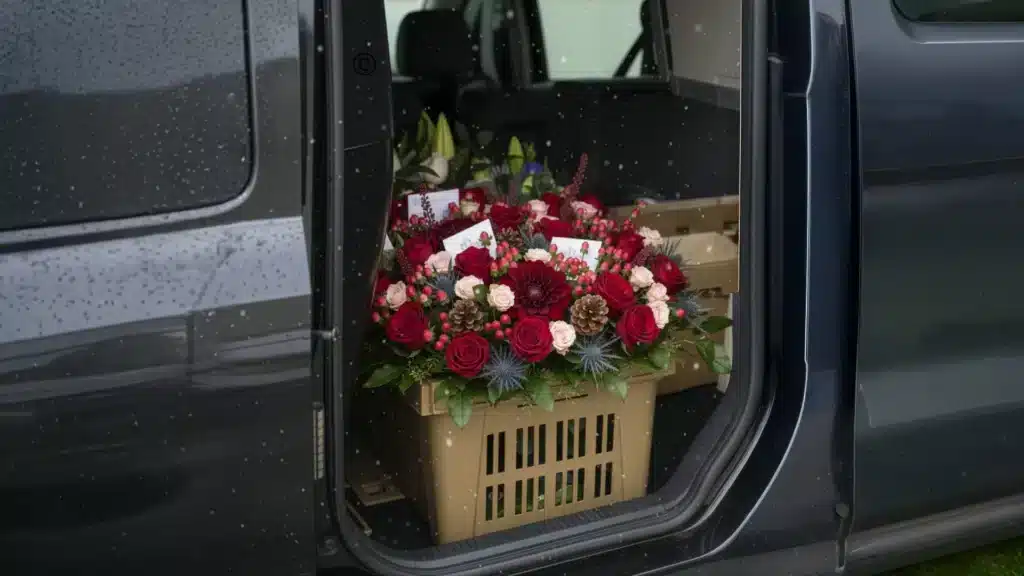 Beautiful Christmas flowers in a black van ready for Christmas flower delivery