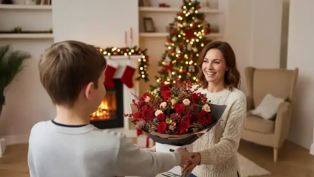 A boy presenting a smiling woman with a luxurious Christmas bouquet in cosy living room decorated with a Christmas tree, garland, and red stockings