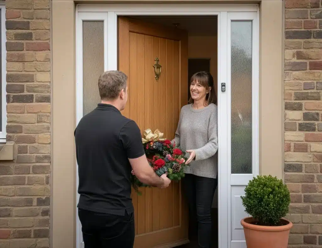Smiling woman standing in a doorway being presented with a Christmas grave wreath by a local florist