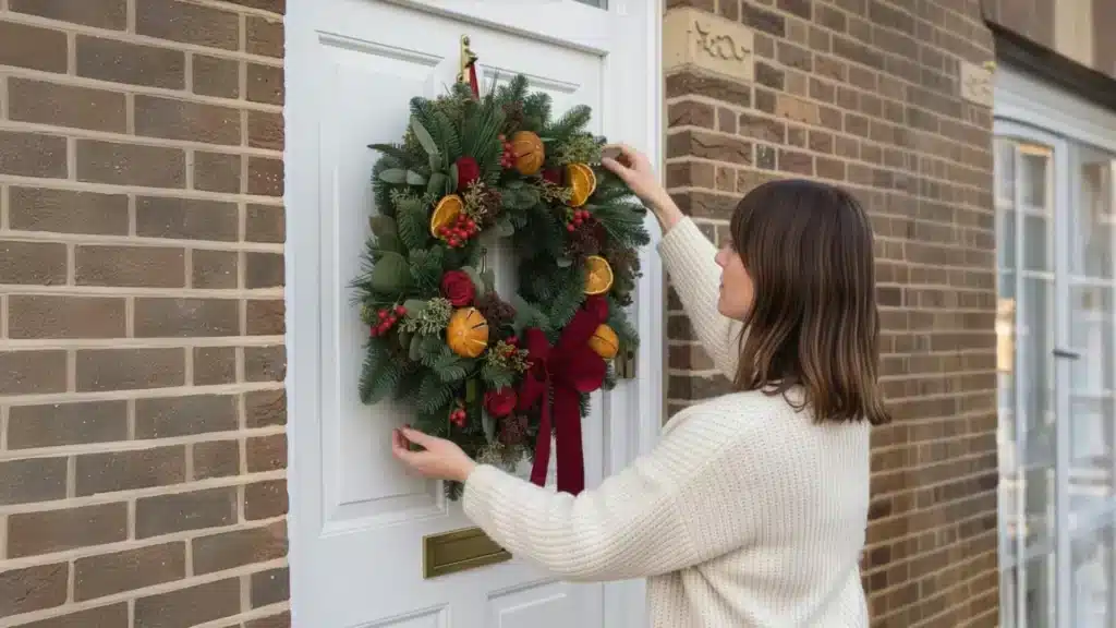 Woman hanging a Christmas door wreath adorned with dried oranges, berries, and a red ribbon on a white front door
