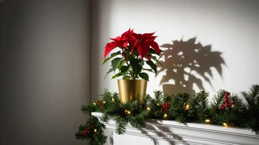 Christmas poinsettia plant in a gold pot sat on a white fireplace decorated with a festive foliage garland.