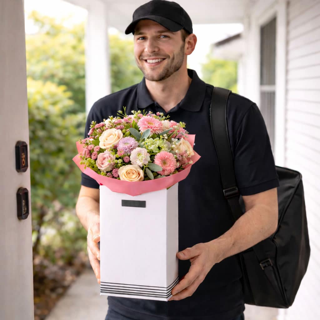Delivery Man With Flowers At Doorstep