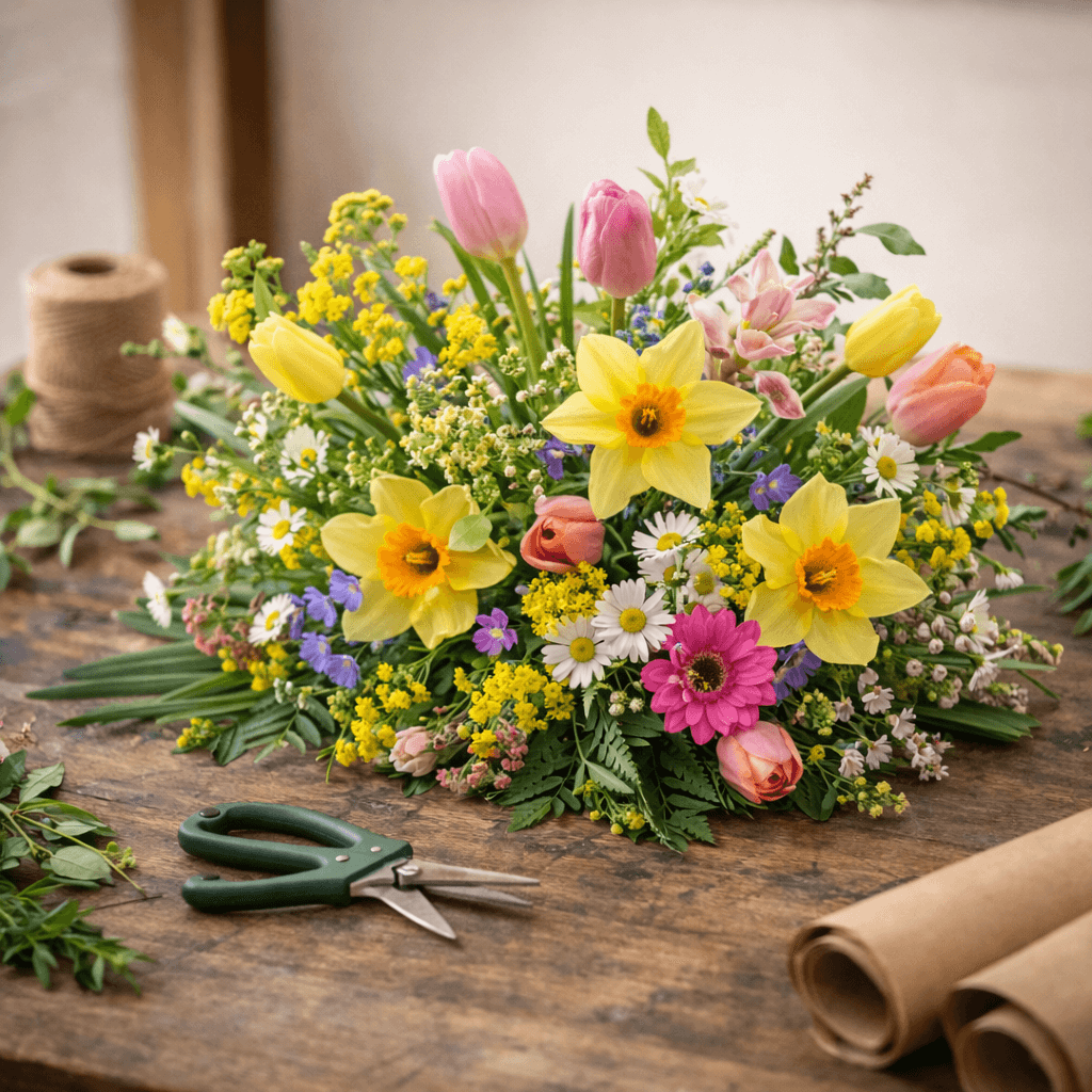 Spring Bouquet On A Rustic Bench