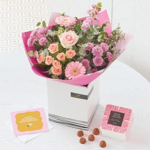 Mother’s Day pastel hand-tied bouquet with cocoa-dusted truffles and card