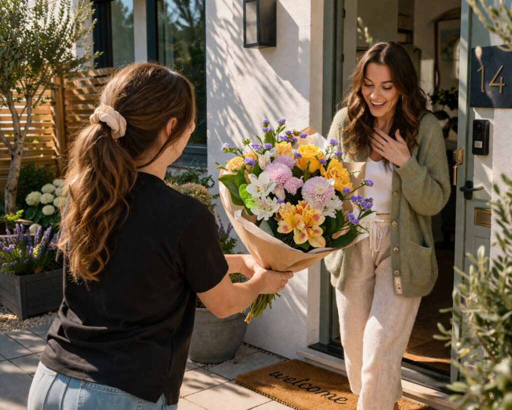 Scottish florist delivering a vibrant bouquet of thank you flowers to a happy customer on a sunny doorstep
