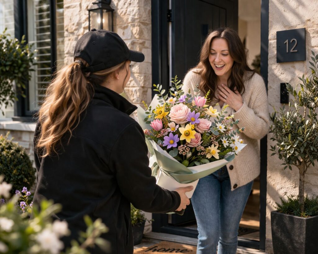 Scottish florist delivering a bouquet of Easter flowers in pastel pink, yellow, purple and white to a woman at her front door
