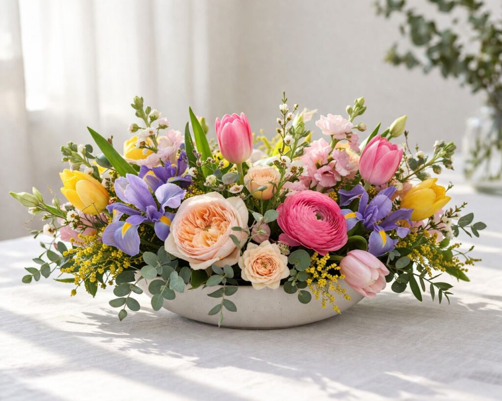 Low bowl spring flower arrangement with tulips, roses and ranunculus on a clean table