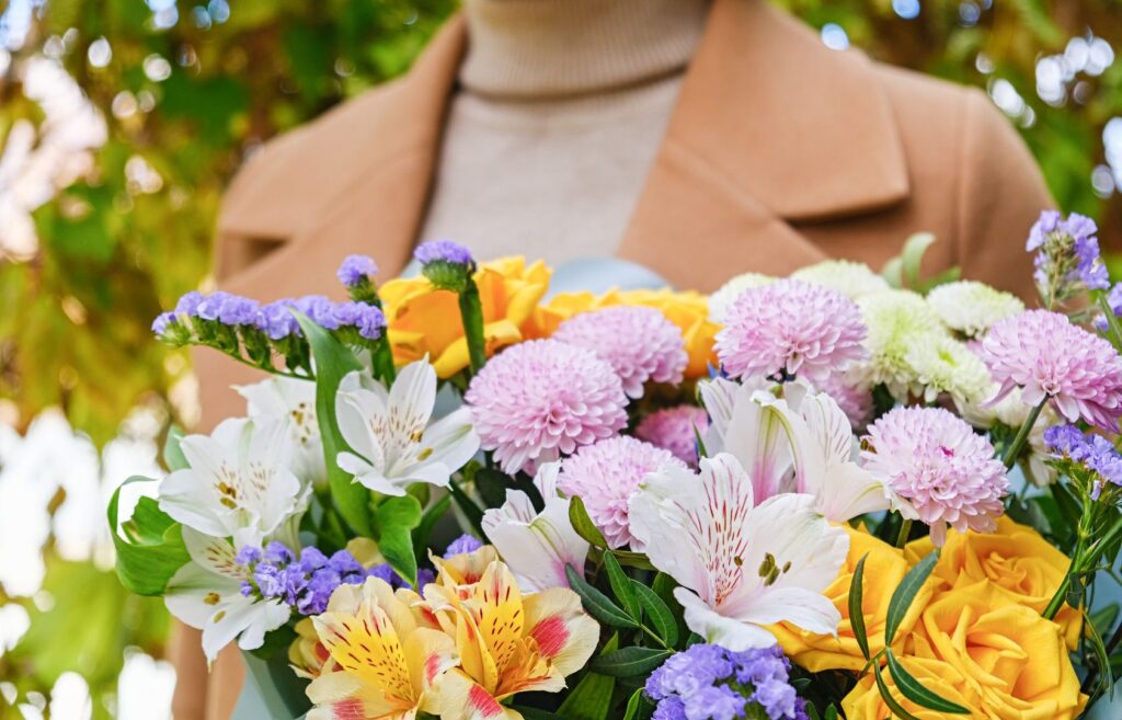 Thank you flower bouquet of lilies, roses, and chrysanthemums in bright colours, arranged by Scottish florists