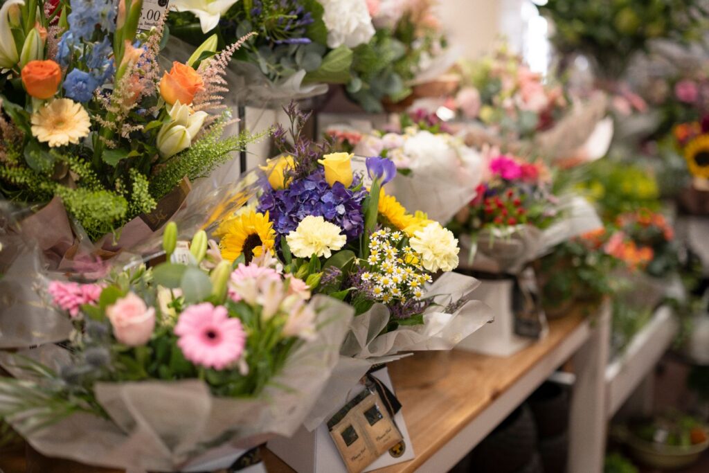 Freshly arranged flower bouquets displayed at Williamson's Garden Centre in Livingston