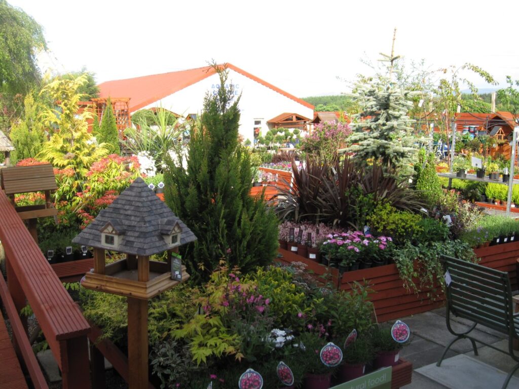 Decorative garden bird table surrounded by mixed shrubs, conifers, heathers and acers at Williamson's Garden Centre Livingston
