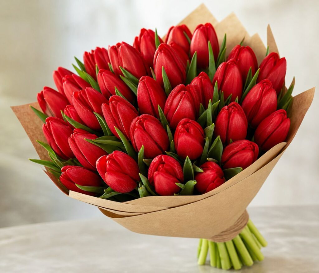 Hand-tied bouquet of red tulips, a flower that means love.