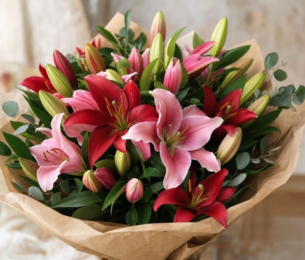 Hand-tied romantic bouquet of red and pink oriental lilies.