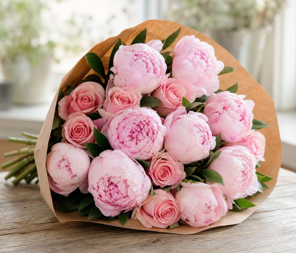 Pink peonies and roses - flowers meaning new love.