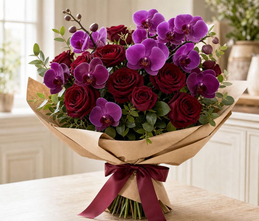 Burgundy roses and deep purple orchids, flowers that mean deep love.