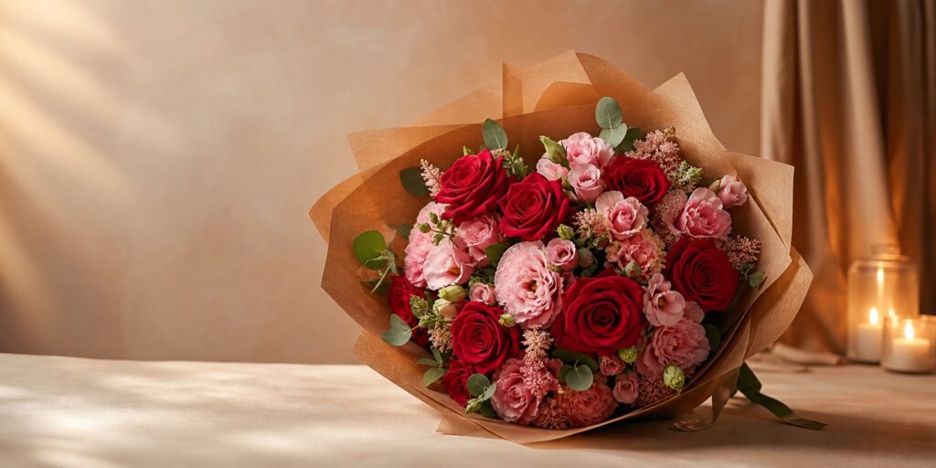 Romantic bouquet of red roses and soft pink flowers wrapped in brown kraft paper on a warm, softly lit table.