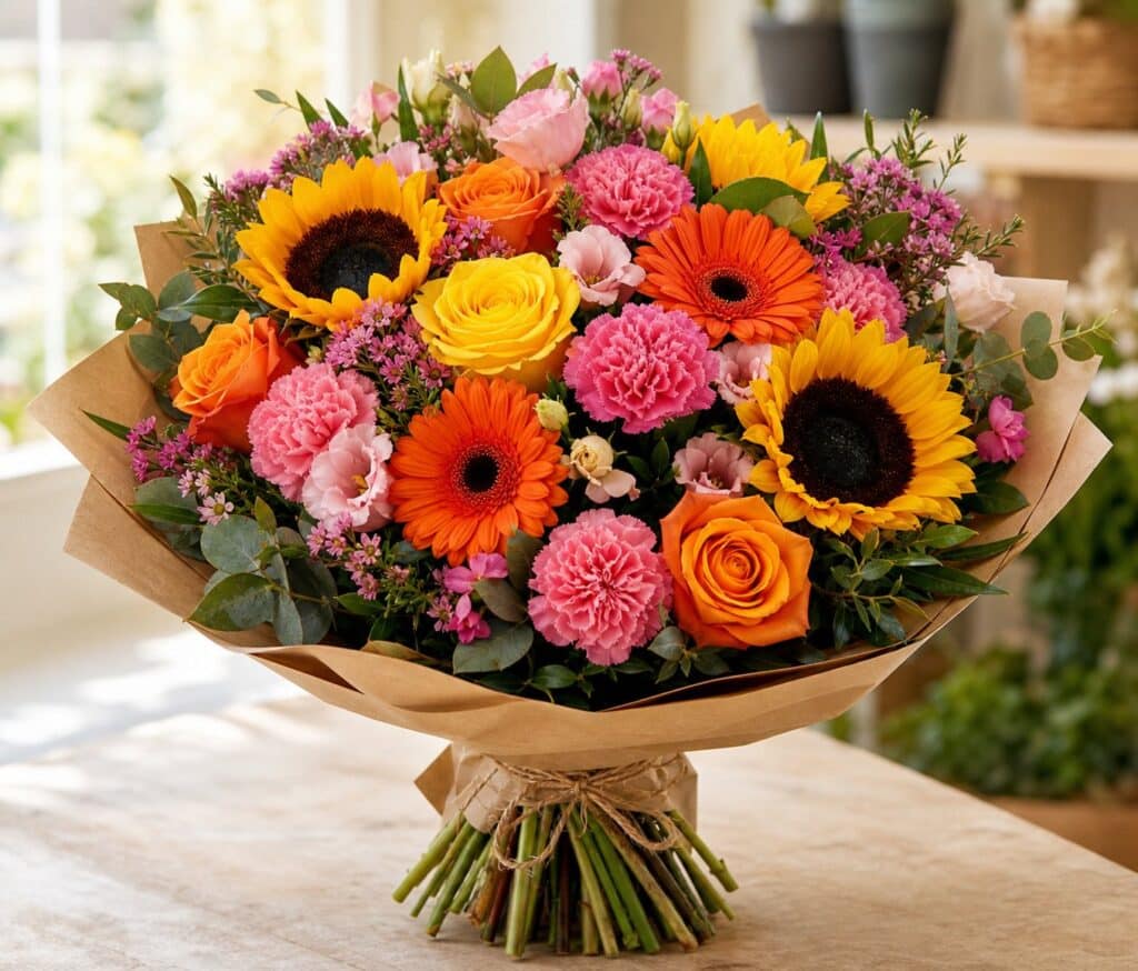 Vibrant exam flowers bouquet in bright yellow, oranges, and pinks