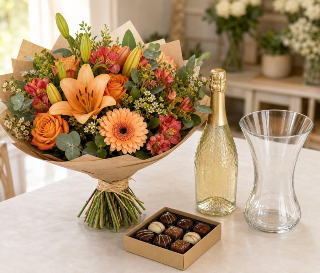 Hand-tied bouquet of flowers next to chocolates, a bottle of prosecco and a keepsake vase