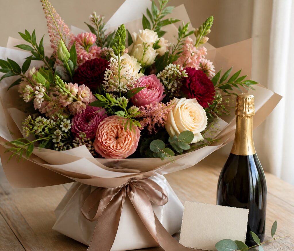 Beautifully gift-wrapped flowers and wine gift by Williamson's My Florist