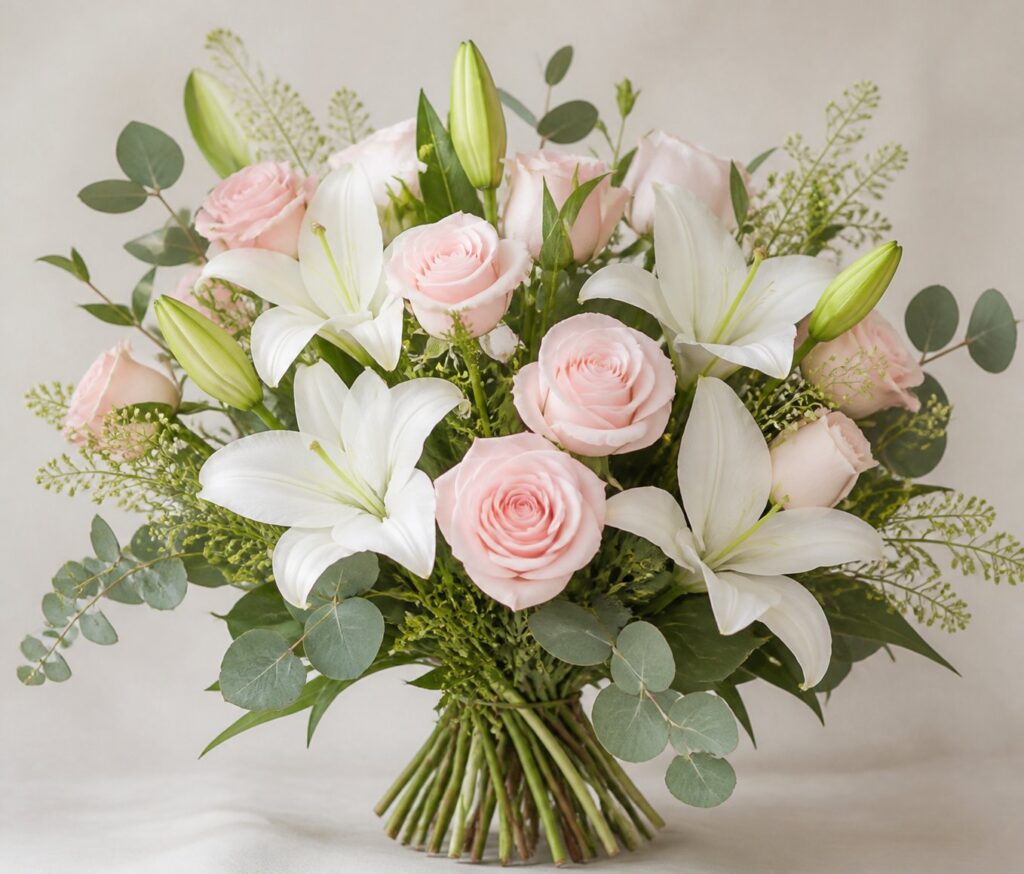 Flowers for mum bouquet made from pink roses and lilies.