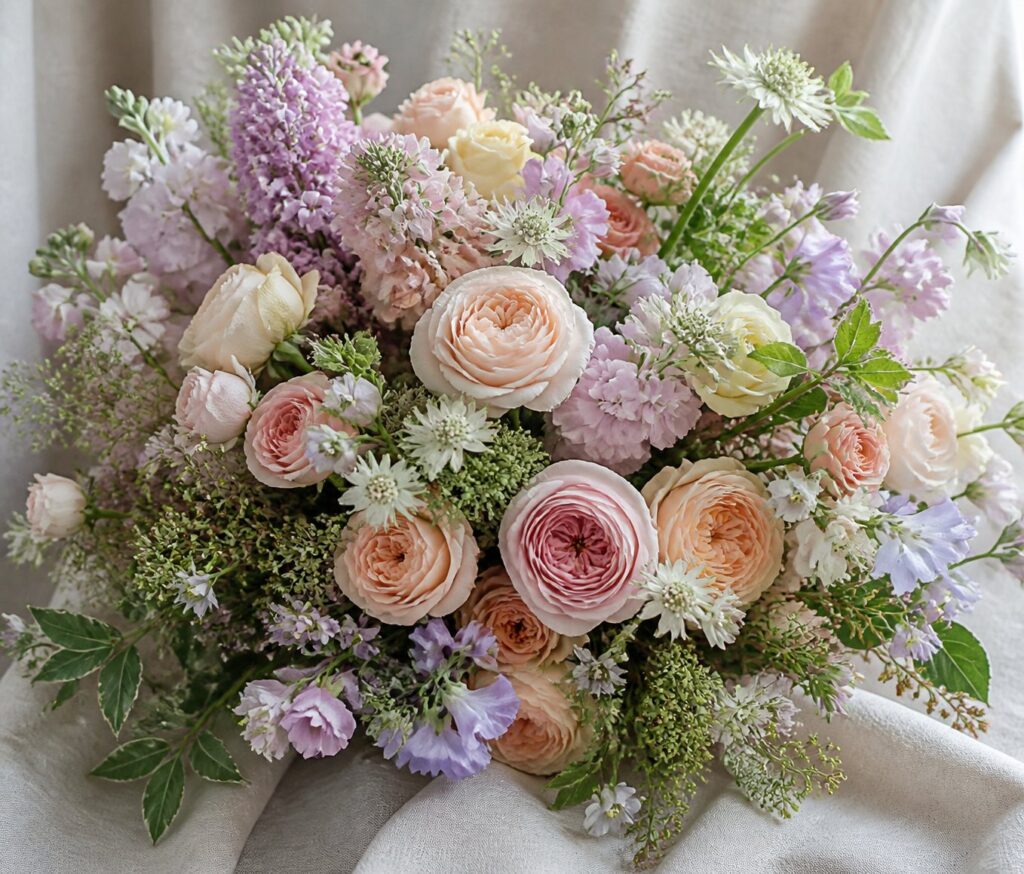 Flowers for wife or partner bouquet in soft, pastel tones.