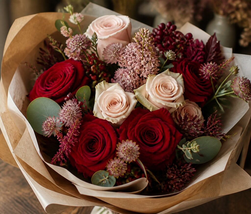 Red and blush hand-tied bouquet, flowers for girlfriend.