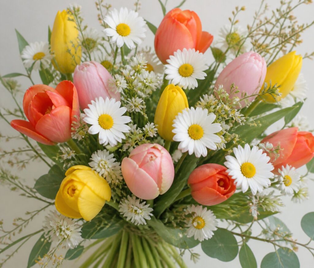 Bouquet of flowers for a friend including fresh daisies and tulips.