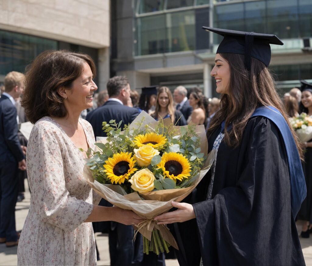 Proud mother giving her daughter a sunflower and yellow rose graduation bouquet outside a modern university.