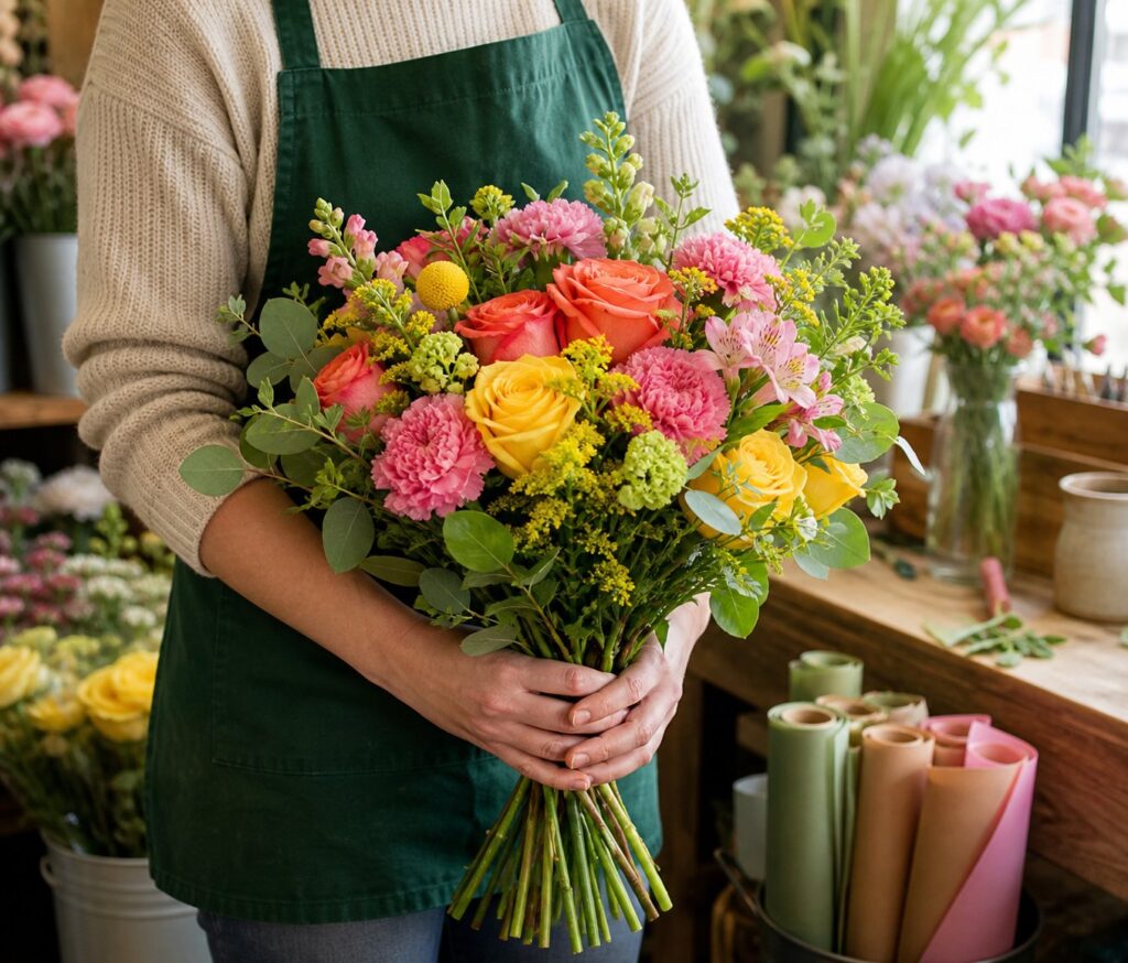 Williamson's My Florist branded delivery van and hand-tied bouquet ready for dispatch