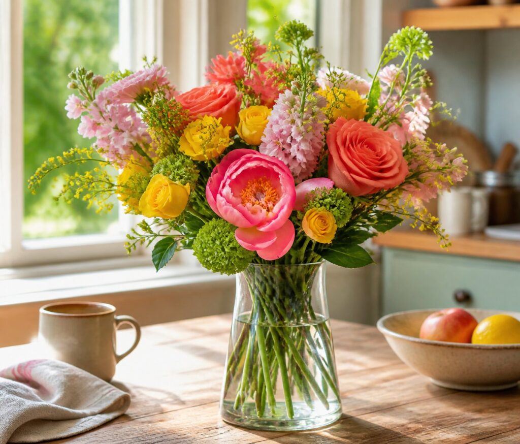 Fresh flower bouquet in a glass vase sitting on a kitchen table.