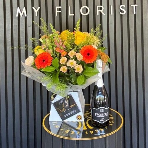 Bright Ht With Prosecco 1 Bright florist choice bouquet with Prosecco from Williamson’s Myflorist
