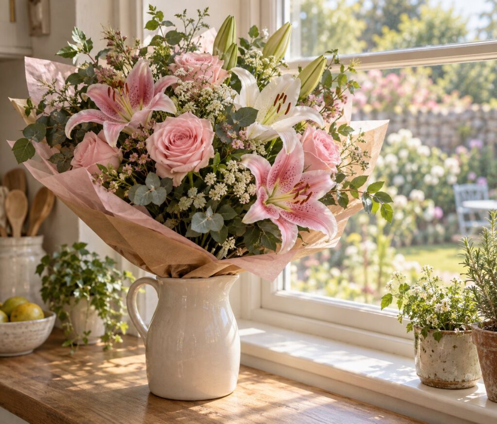 Pink rose and lily bouquet for a mum's birthday by Williamson's My Florist.