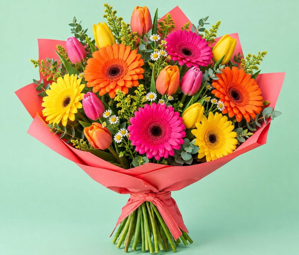 Bright gerbera and tulip bouquet of birthday flowers for a sister by Williamson's My Florist.
