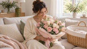 New mum receiving flowers after the birth of her baby.