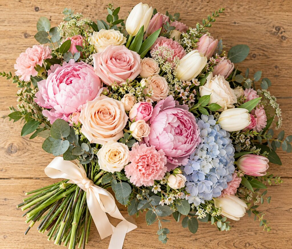 Bouquet of flowers for a new mum, featuring roses, tulips, and peonies in soft, pastel tones.