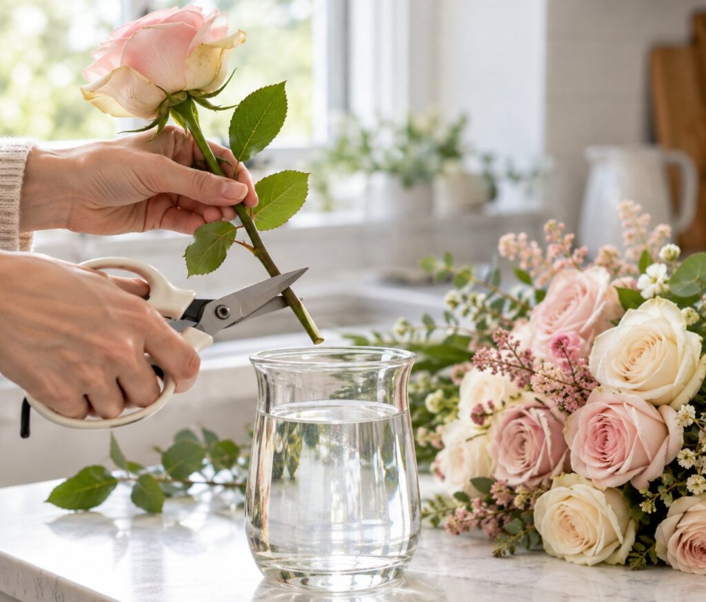Trimming flower stems for a new mum bouquet.