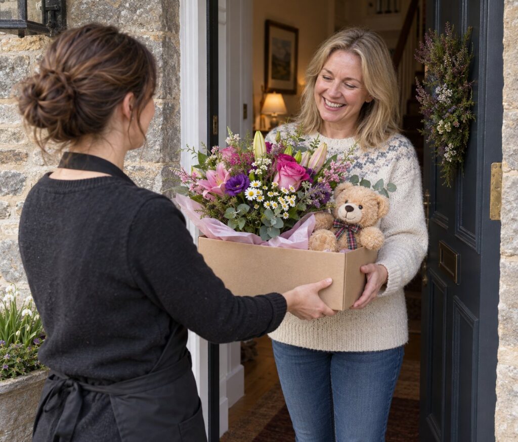 Williamson's Scottish florist hand-delivering a flowers and teddy bear gift to a smiling recipient.
