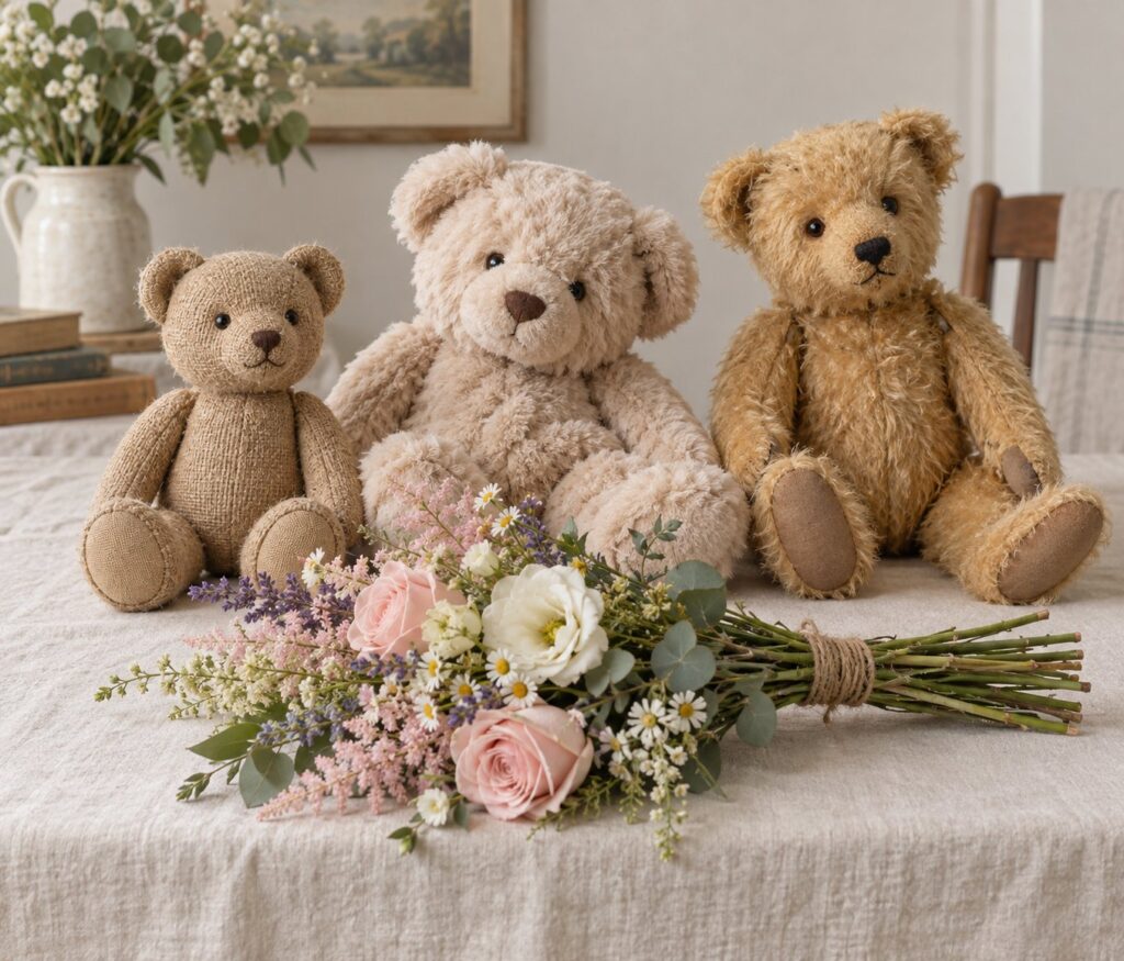 Three teddy bears in different styles beside a hand-tied bouquet from Williamson's My Florist.