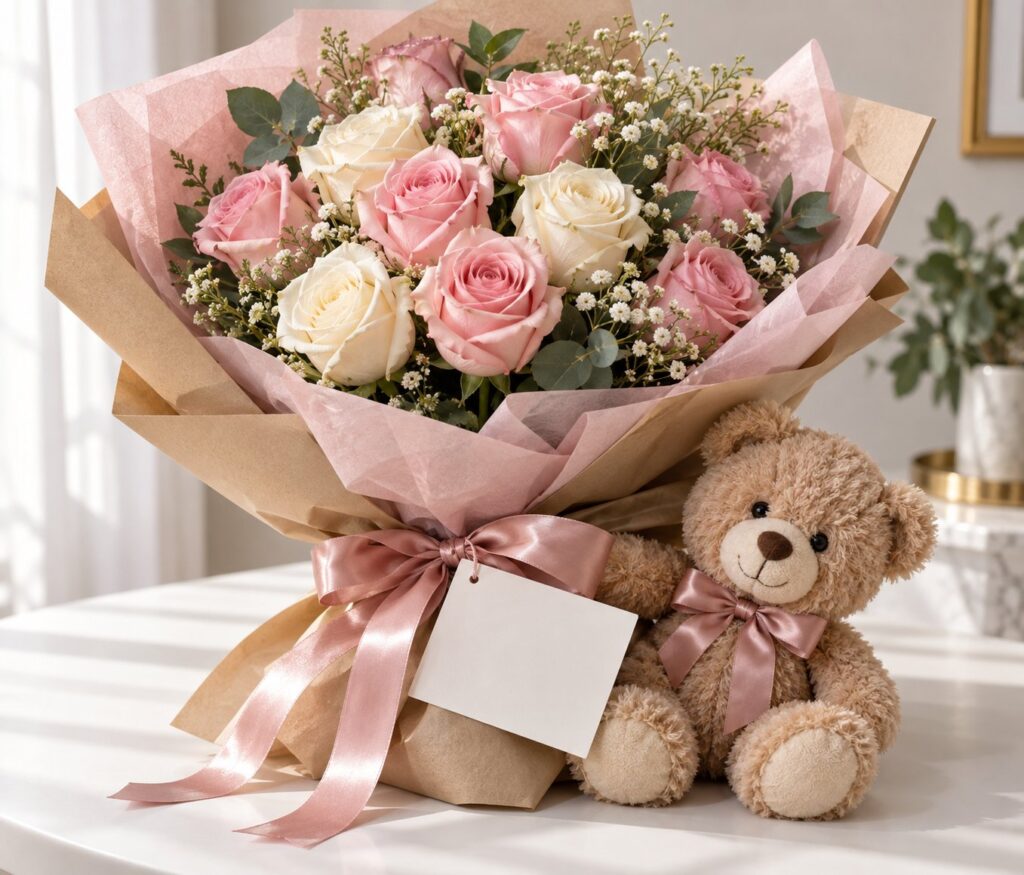 Beautifully gift-wrapped flowers and teddy bear gift by Williamson's My Florist