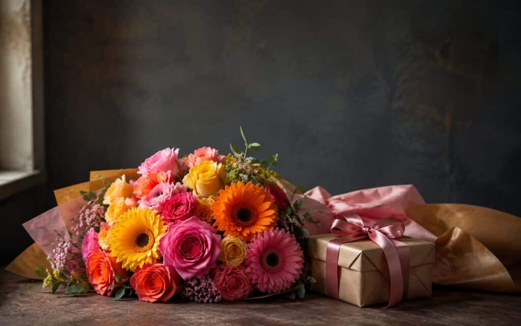 Bright birthday bouquet of pink, orange and yellow roses and gerberas beside a wrapped gift box