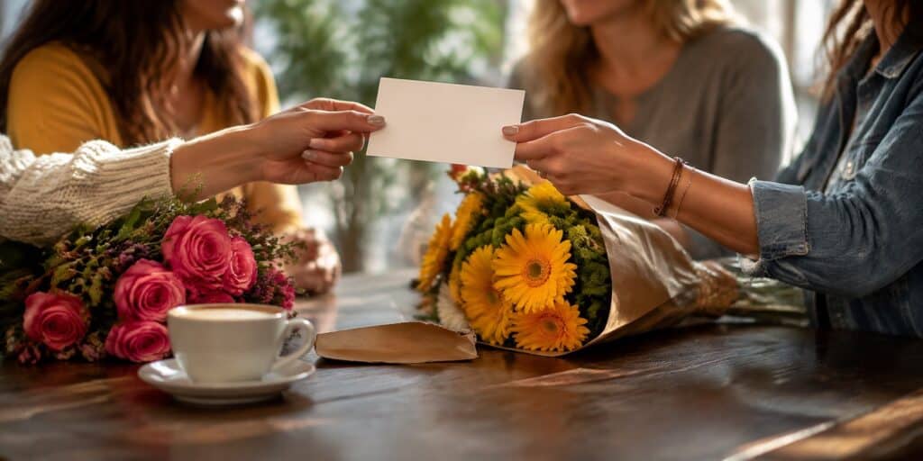 Three friends passing a birthday card across a cafe table beside a bright bouquet