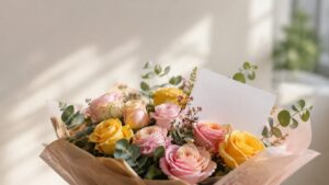 Close-up of a birthday flower bouquet with a card tucked inside