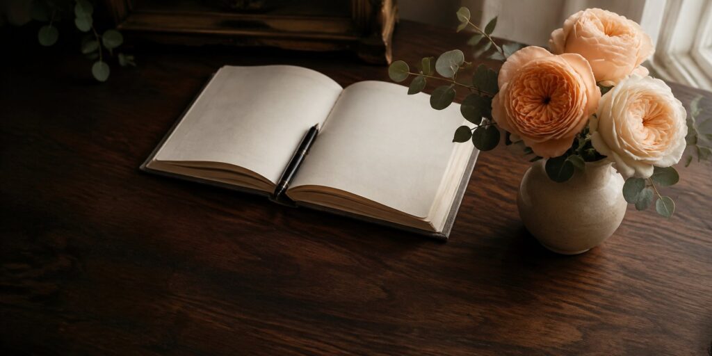 An open notebook and fountain pen on a desk beside a small vase of garden roses