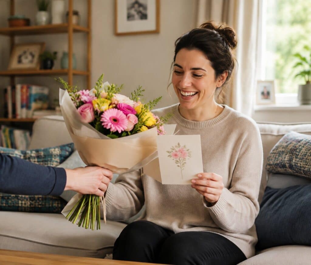 A woman smiling while receiving a birthday card and flowers