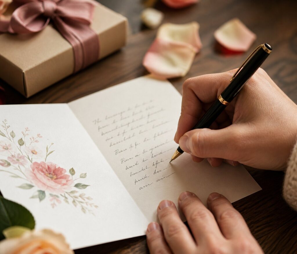 A hand holding a pen writing in a birthday card