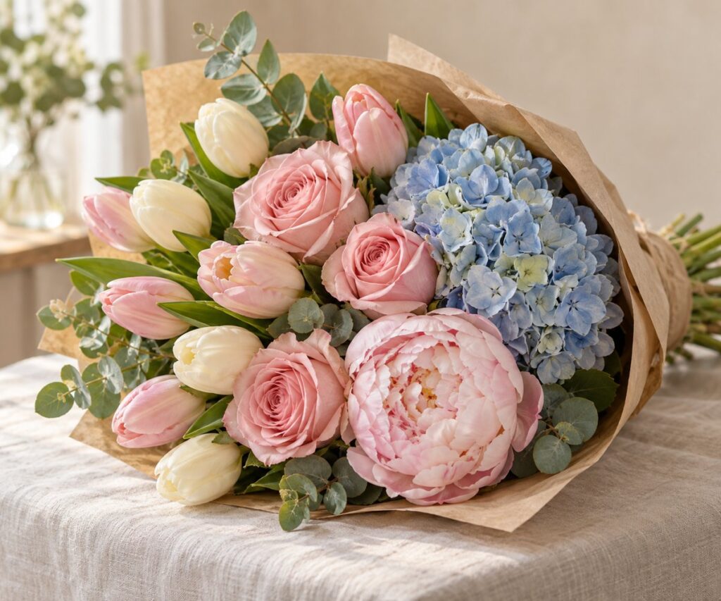 Pink roses, tulips, peonies and blue hydrangeas arranged together in a pastel new baby bouquet