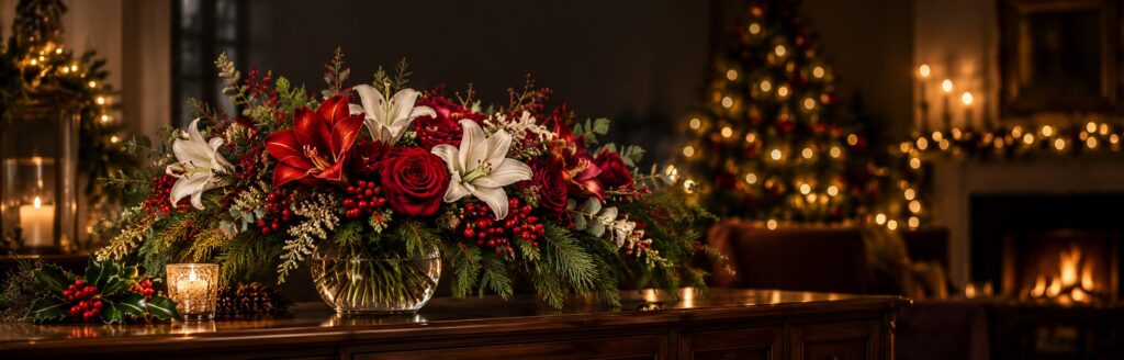 Festive Christmas bouquet and wreath from Williamson's My Florist.